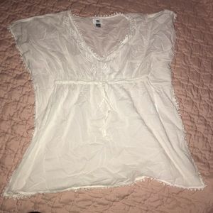 White swim Suite cover up w/Fringe type bottom
